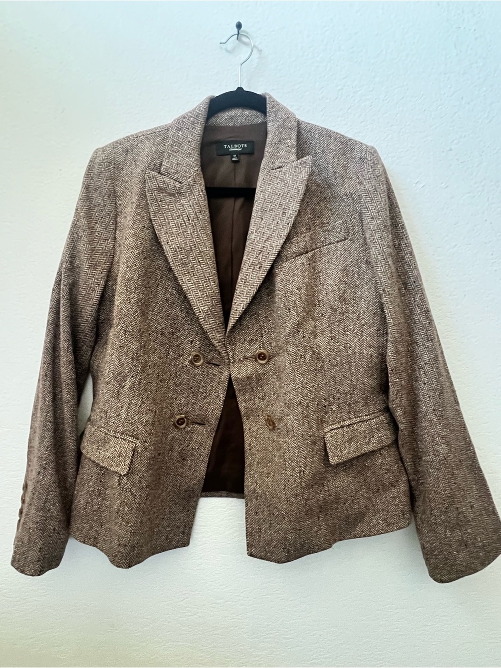 Talbots Brown Herringbone Wool-Blend Double-Button Blazer